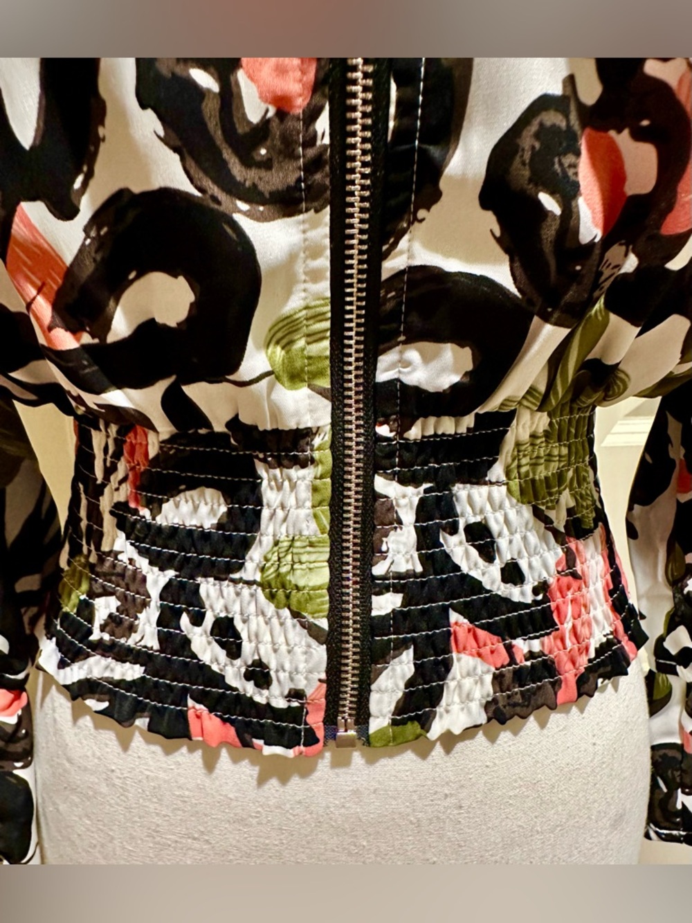 Gracia White Floral Zip-Front Ruffle Blouse with Coral, Black and Green Accents - Picture 3 of 9
